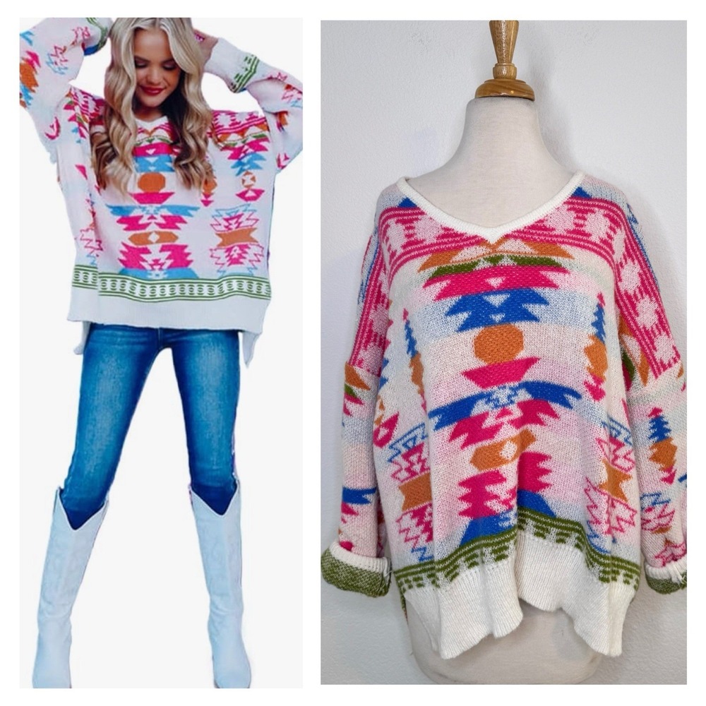 Mainstrip Womens Southwest Geometric V Neck Sweater Size S Pink White Western‎